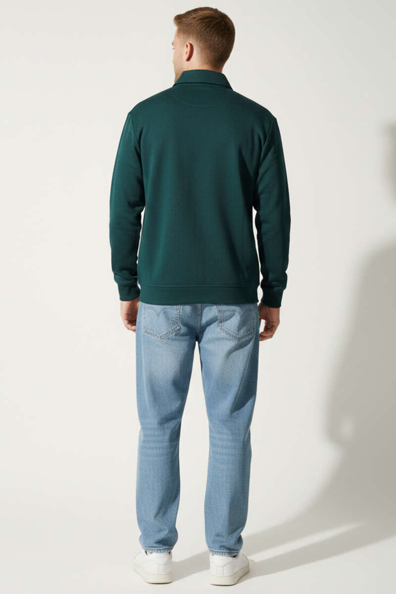 Polo Yaka Fermuarlı Basic Erkek Sweatshirt Nefti
