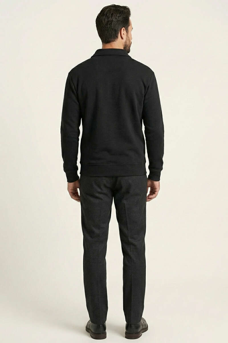 Polo Yaka Fermuarlı Basic Erkek Sweatshirt Siyah