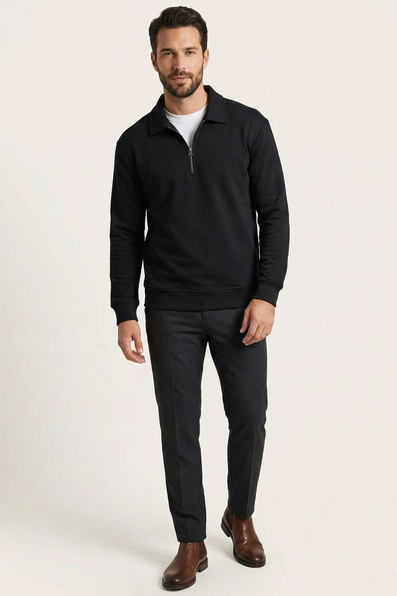 Polo Yaka Fermuarlı Basic Erkek Sweatshirt Siyah
