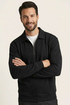 Polo Yaka Fermuarlı Basic Erkek Sweatshirt Siyah