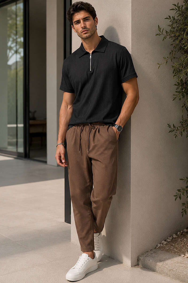 Polo Yaka Fermuarlı Basic Erkek T-shirt Siyah