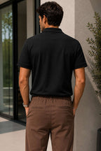 Polo Yaka Fermuarlı Basic Erkek T-shirt Siyah