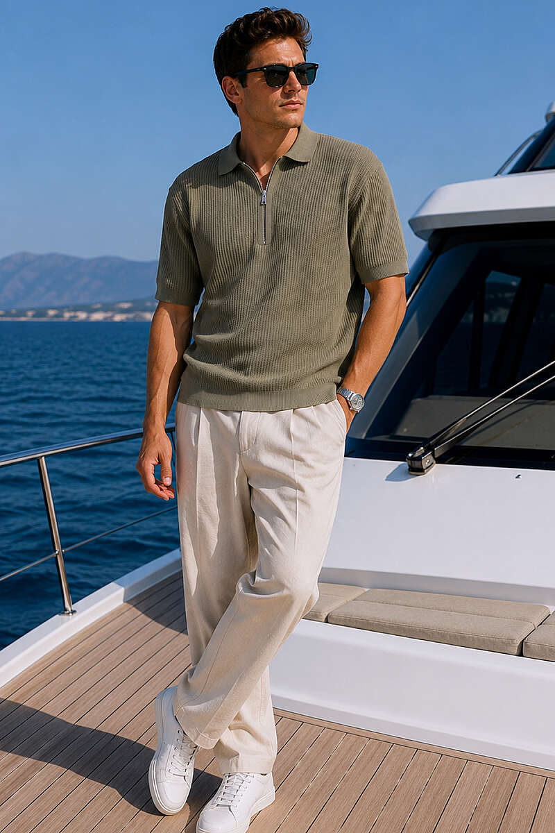 Polo Yaka Fermuarlı Detaylı Merserize Erkek T-shirt Haki