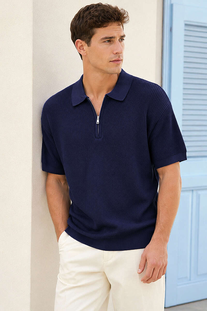 Polo Yaka Fermuarlı Detaylı Merserize Erkek T-shirt Lacivert