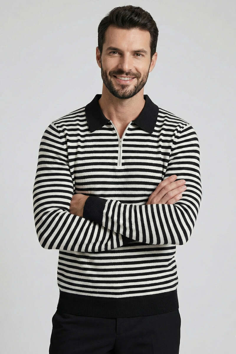 Polo Yaka Fermuarlı Erkek Sweatshirt Siyah
