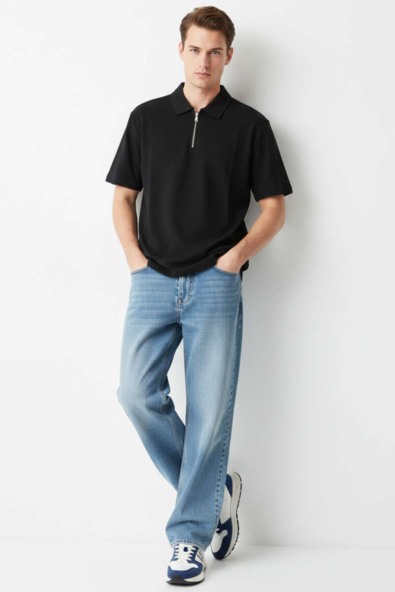 Polo Yaka Fermuarlı Erkek T-shirt Siyah