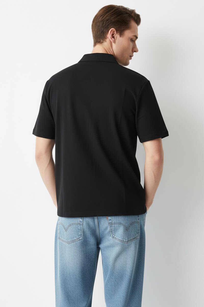 Polo Yaka Fermuarlı Erkek T-shirt Siyah