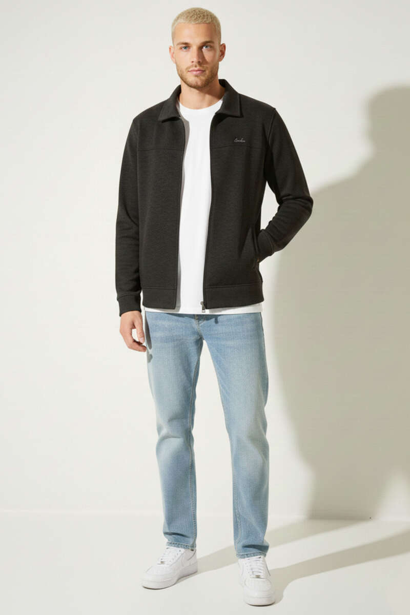 Polo Yaka Fermuarlı Jakarlı Erkek Sweatshirt