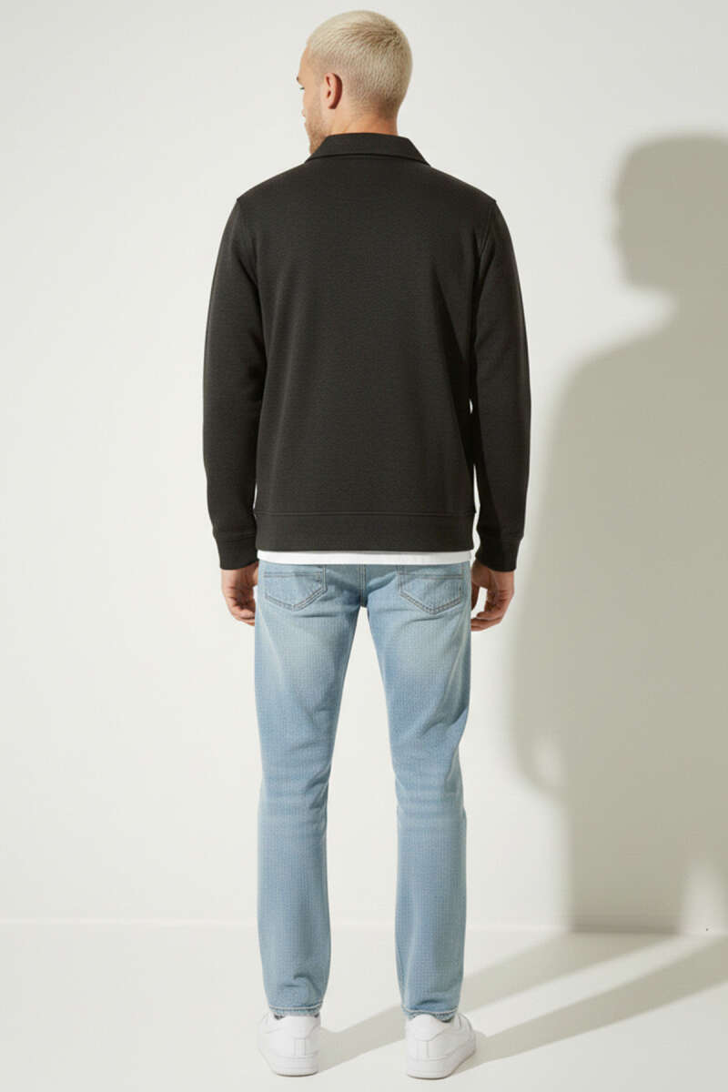 Polo Yaka Fermuarlı Jakarlı Erkek Sweatshirt