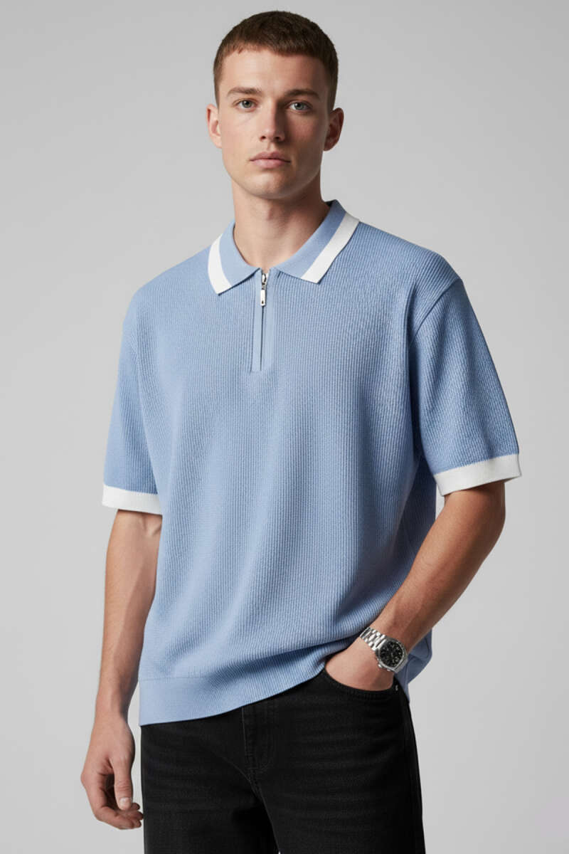 Polo Yaka Fermuarlı Merserize Triko T-shirt