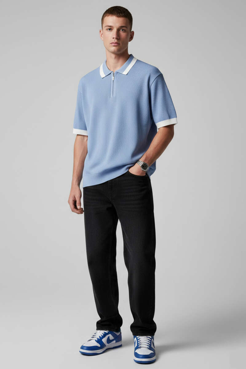 Polo Yaka Fermuarlı Merserize Triko T-shirt