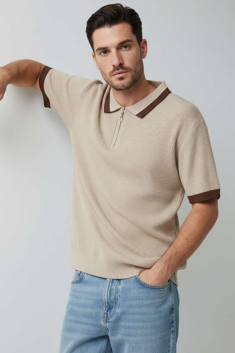 Polo Yaka Fermuarlı Merserize Triko T-shirt