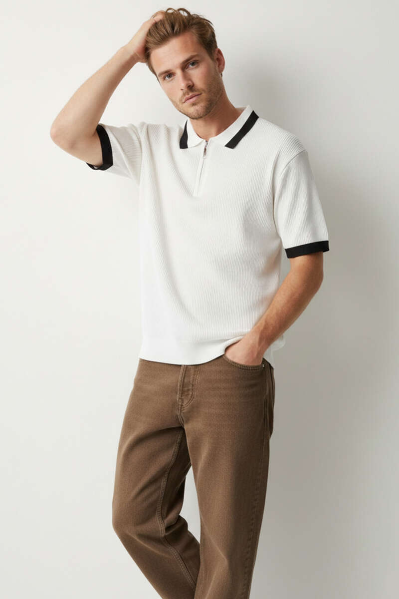 Polo Yaka Fermuarlı Merserize Triko T-shirt