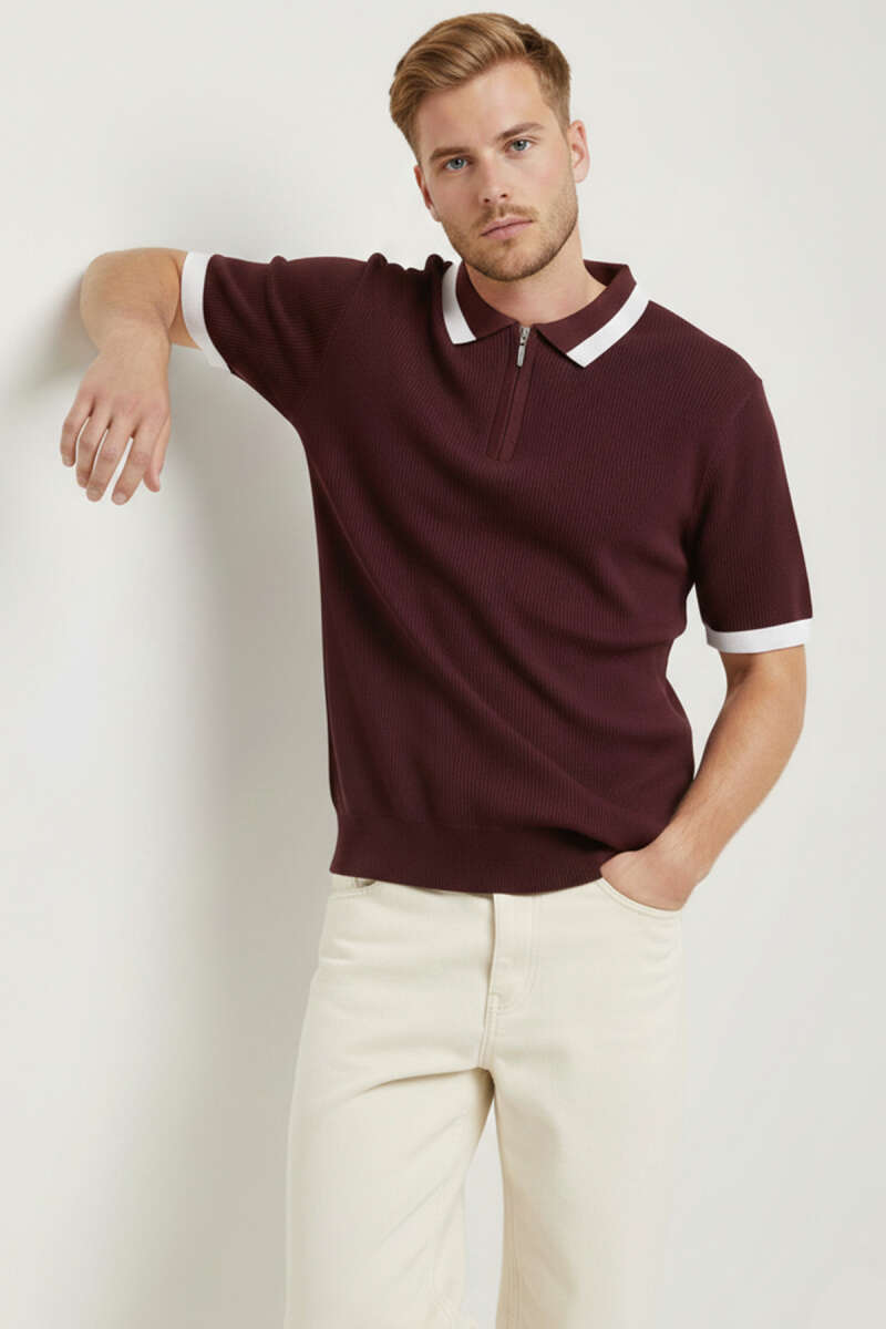 Polo Yaka Fermuarlı Merserize Triko T-shirt