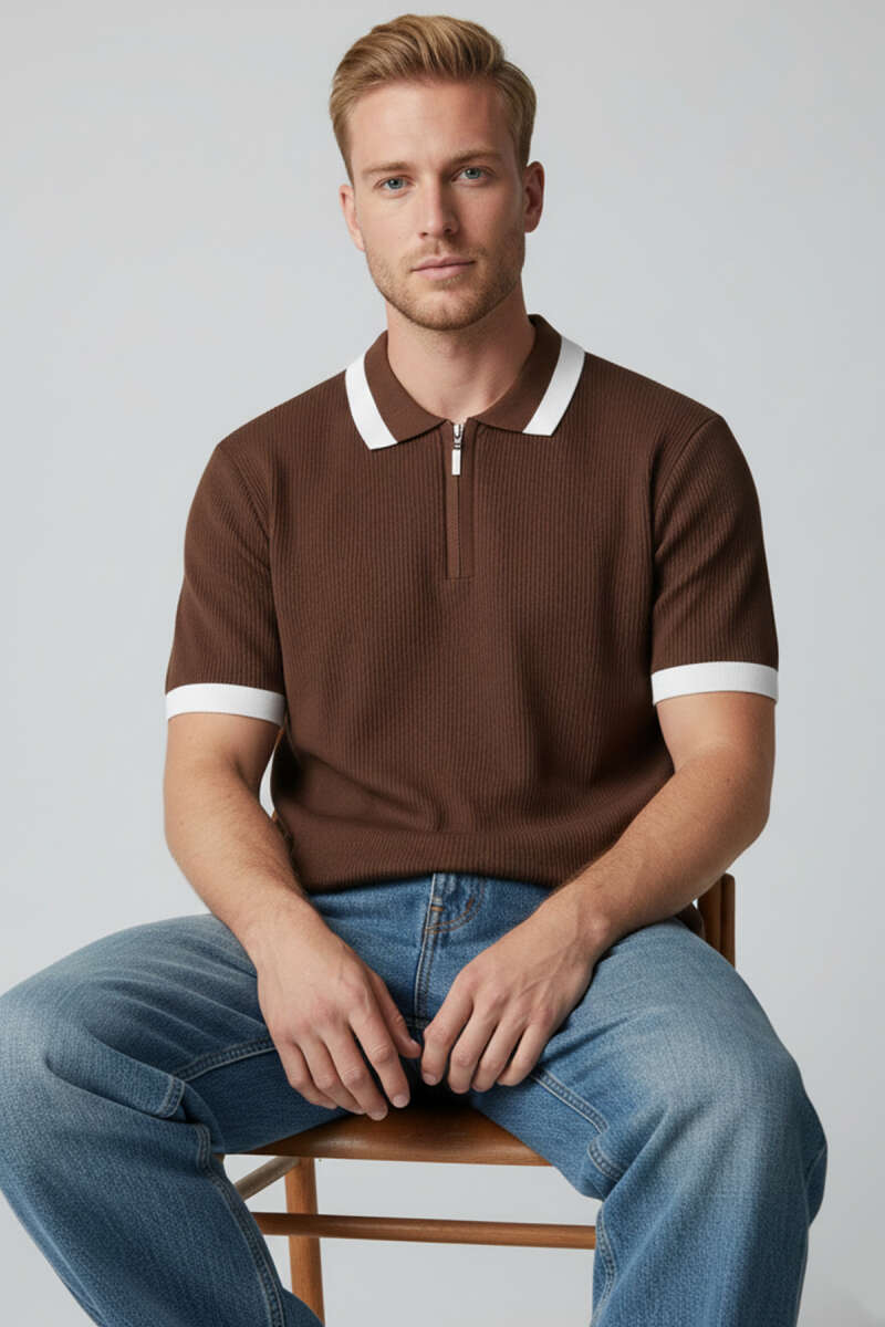 Polo Yaka Fermuarlı Merserize Triko T-shirt