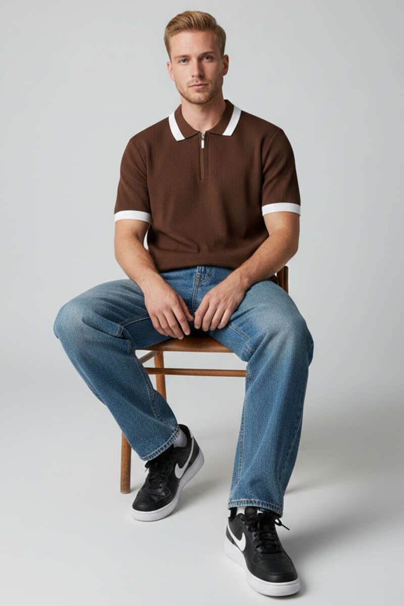 Polo Yaka Fermuarlı Merserize Triko T-shirt