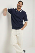 Polo Yaka Fermuarlı Merserize Triko T-shirt Lacivert