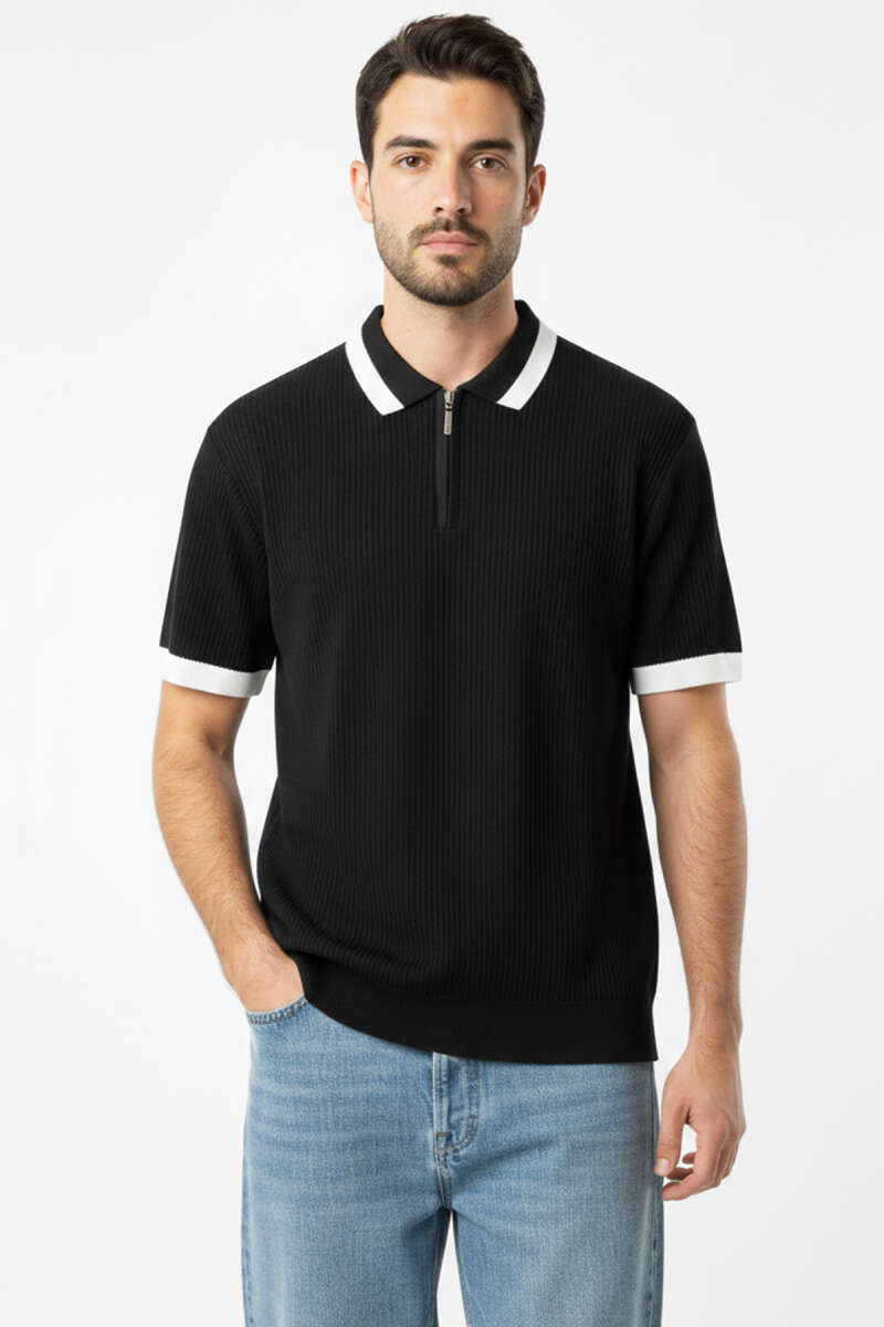 Polo Yaka Fermuarlı Merserize Triko T-shirt Siyah