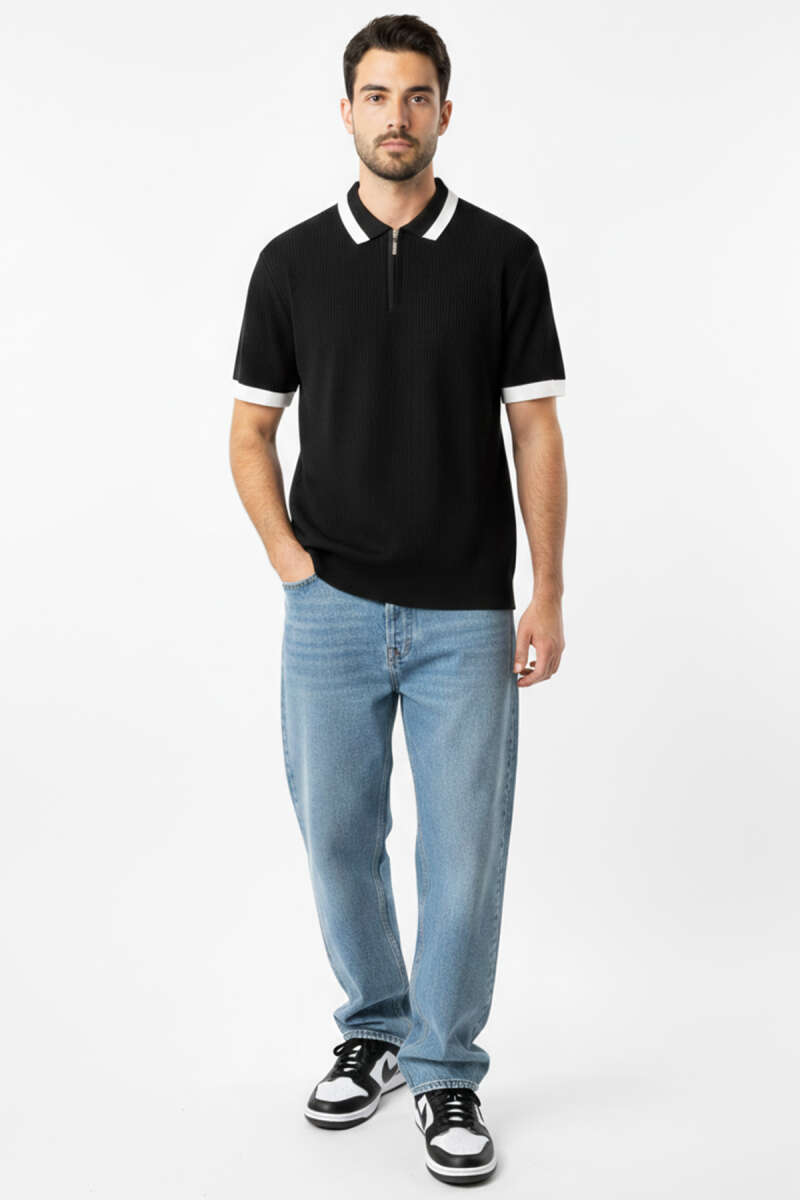 Polo Yaka Fermuarlı Merserize Triko T-shirt Siyah