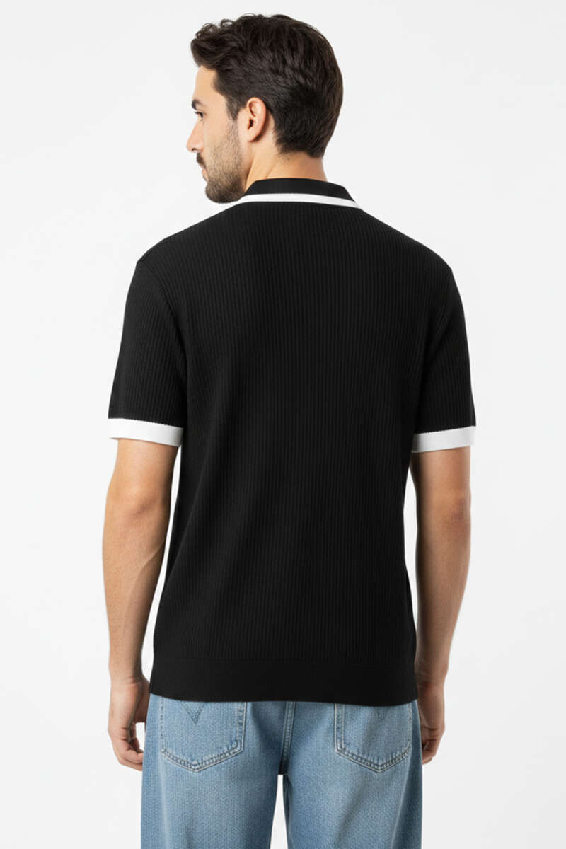Polo Yaka Fermuarlı Merserize Triko T-shirt Siyah