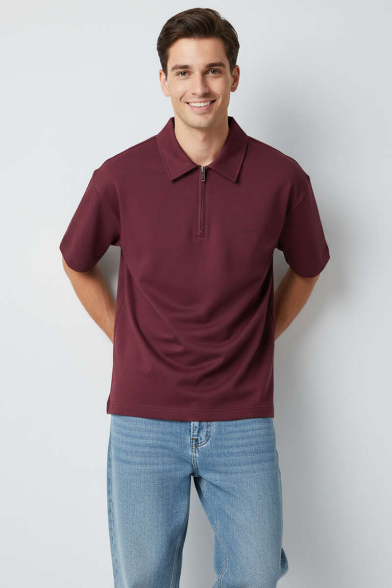 Polo Yaka Fermuarlı Oversize Erkek T-shirt