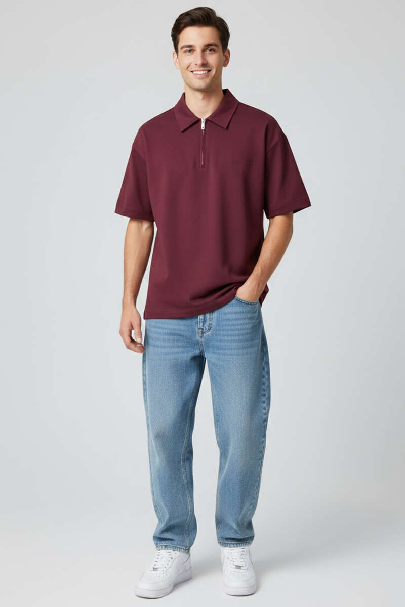 Polo Yaka Fermuarlı Oversize Erkek T-shirt