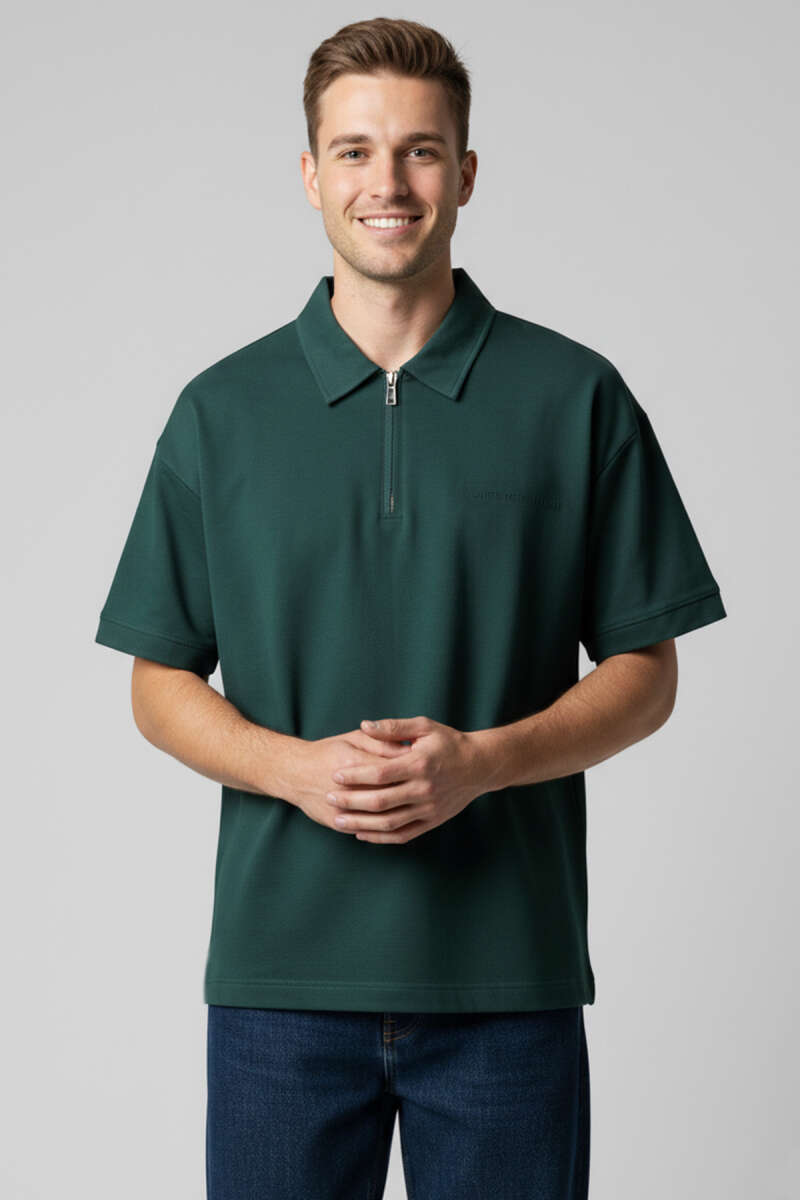 Polo Yaka Fermuarlı Oversize Erkek T-shirt Nefti