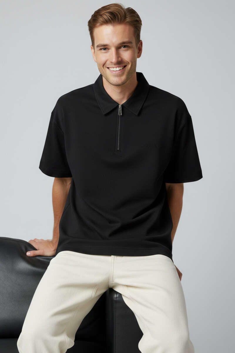 Polo Yaka Fermuarlı Oversize Erkek T-shirt Siyah
