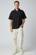 Polo Yaka Fermuarlı Oversize Erkek T-shirt Siyah