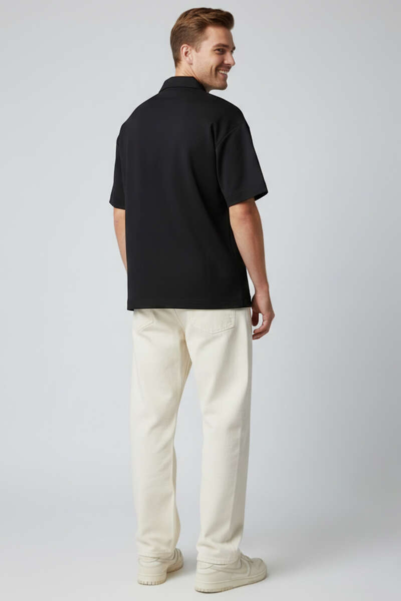 Polo Yaka Fermuarlı Oversize Erkek T-shirt Siyah