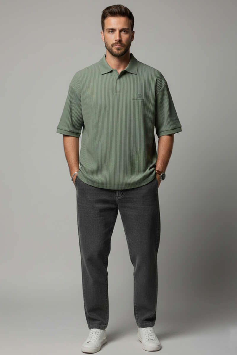 Polo Yaka Fitilli Oversize Erkek T-shirt Haki