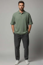 Polo Yaka Fitilli Oversize Erkek T-shirt Haki