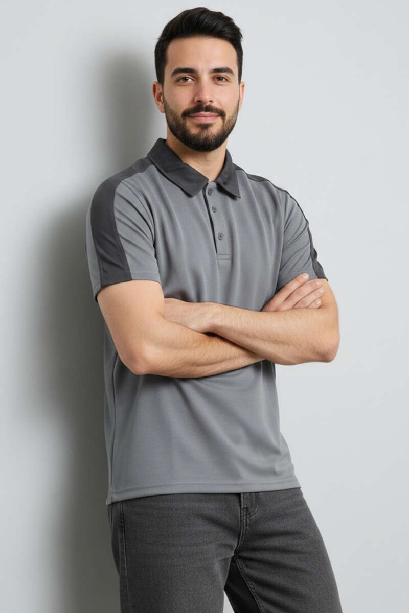 Polo Yaka Garnili Erkek T-shirt Gri