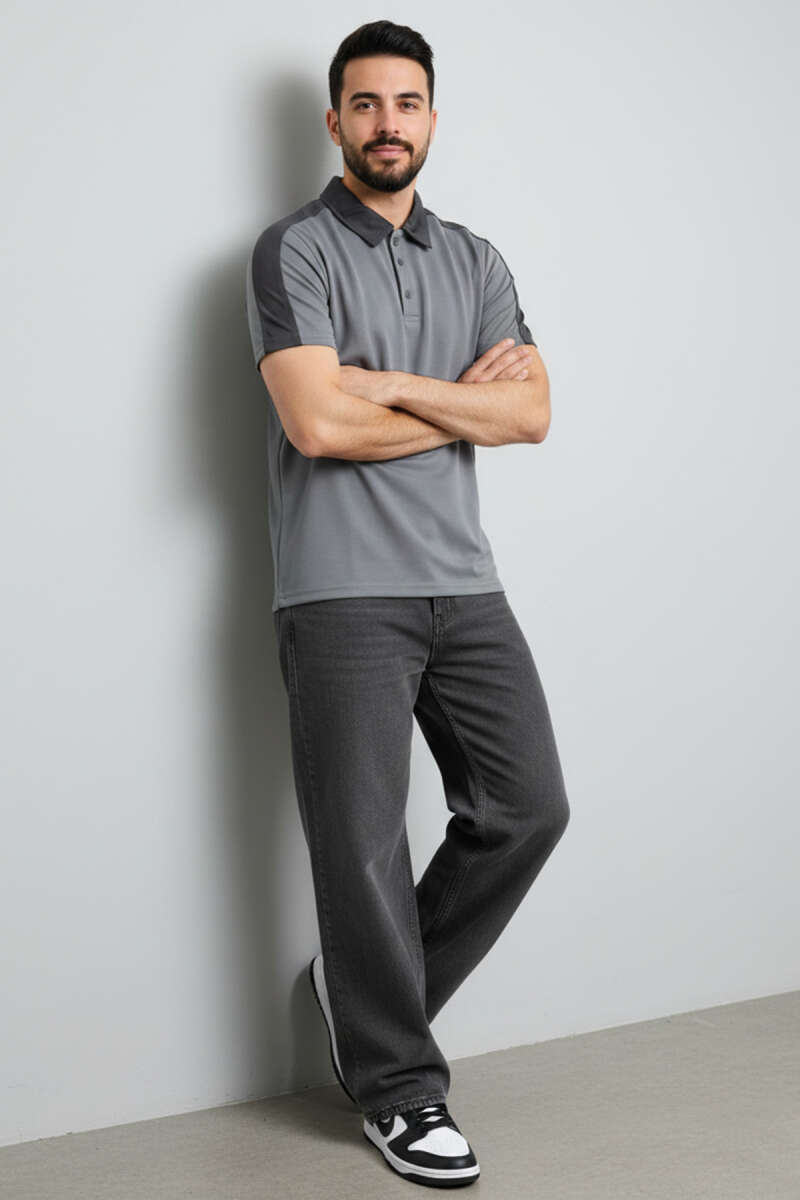 Polo Yaka Garnili Erkek T-shirt Gri