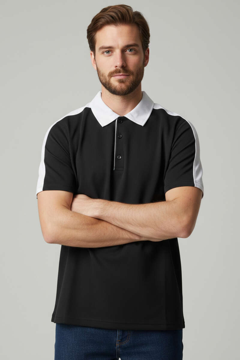 Polo Yaka Garnili Erkek T-shirt Siyah