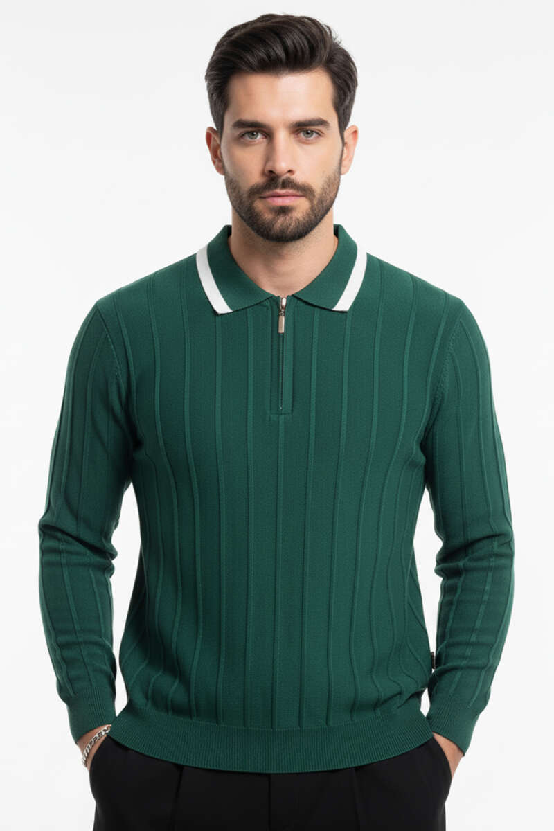 Polo Yaka Garnili Uzun Kollu Erkek Sweatshirt