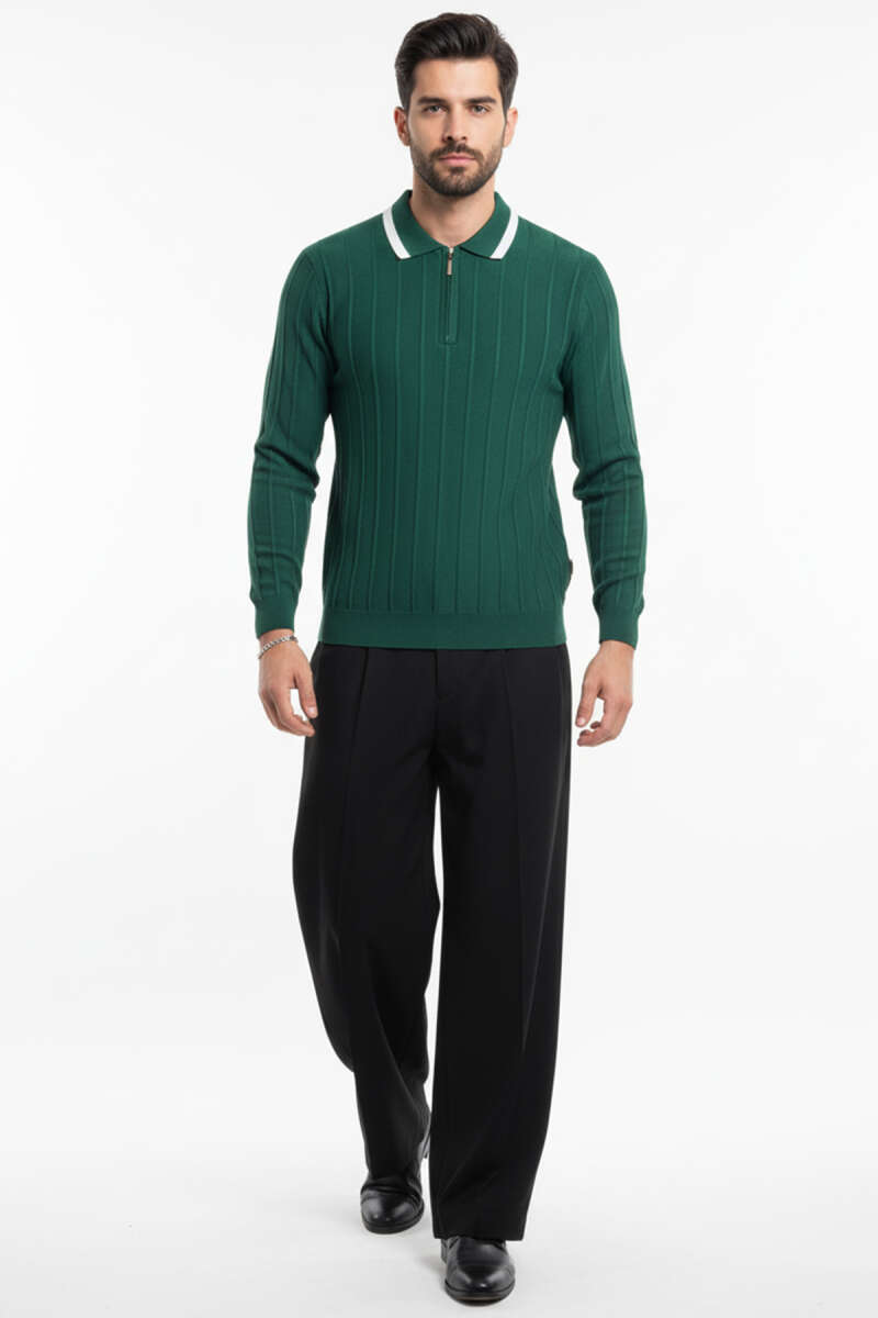Polo Yaka Garnili Uzun Kollu Erkek Sweatshirt