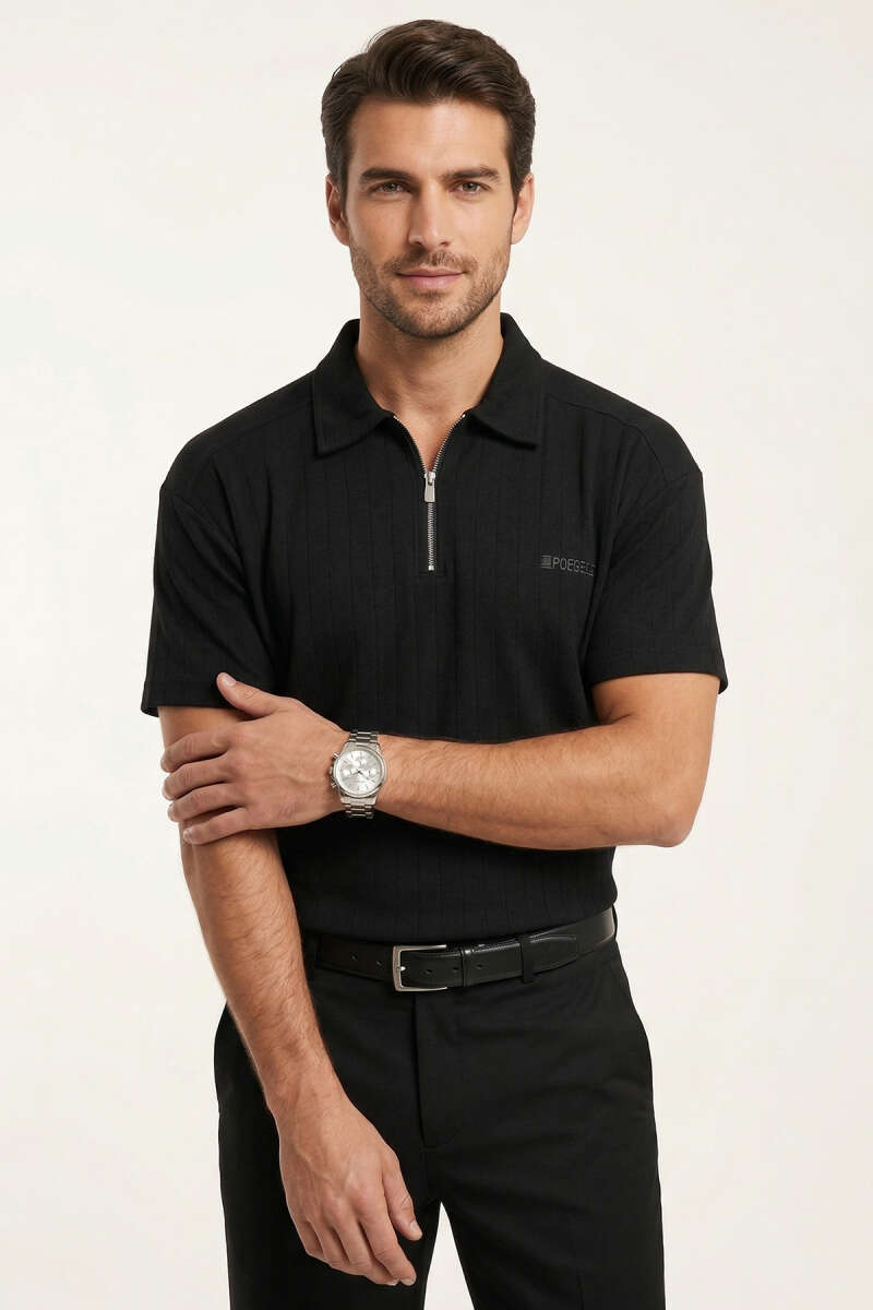 Polo Yaka Im Possible Baskılı Erkek T-shirt Siyah