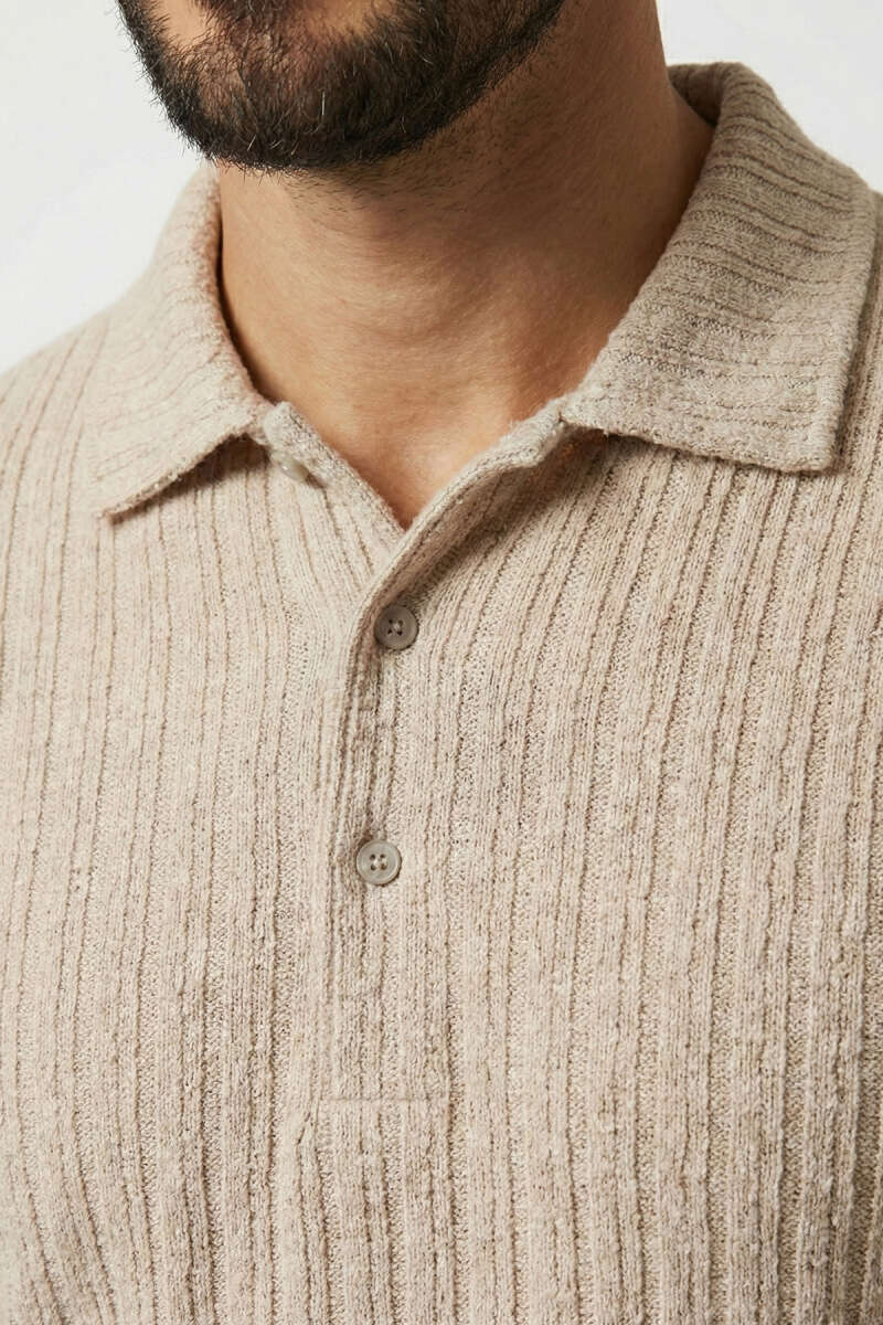 Polo Yaka Kabartma Çizgili Erkek Sweatshirt