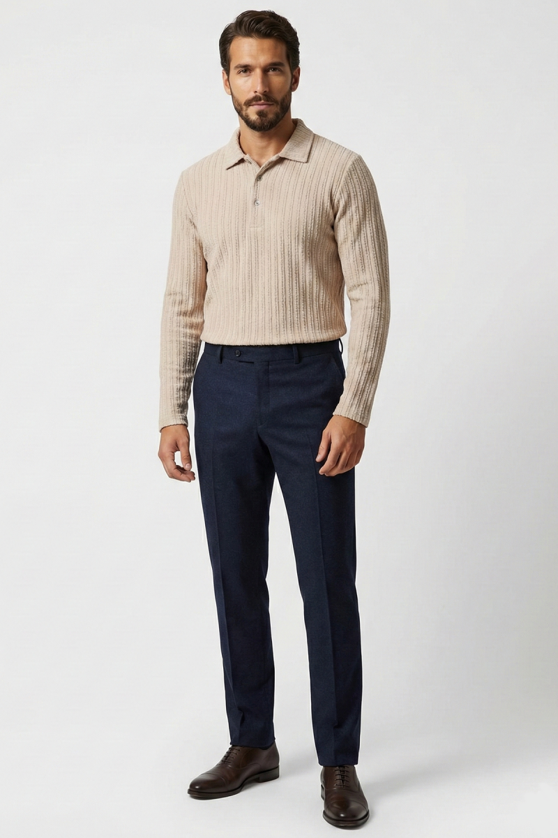 Polo Yaka Kabartma Çizgili Erkek Sweatshirt
