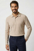 Polo Yaka Kabartma Çizgili Erkek Sweatshirt