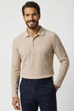 Polo Yaka Kabartma Çizgili Erkek Sweatshirt