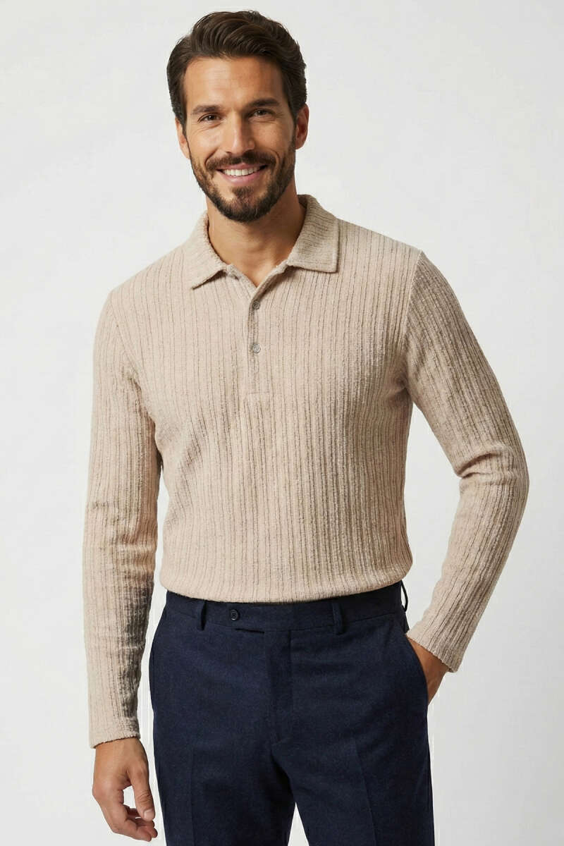 Polo Yaka Kabartma Çizgili Erkek Sweatshirt