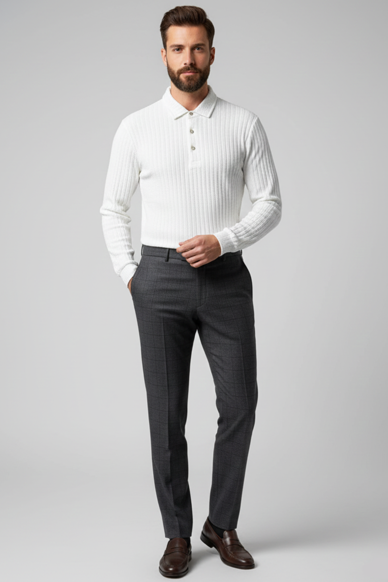 Polo Yaka Kabartma Çizgili Erkek Sweatshirt