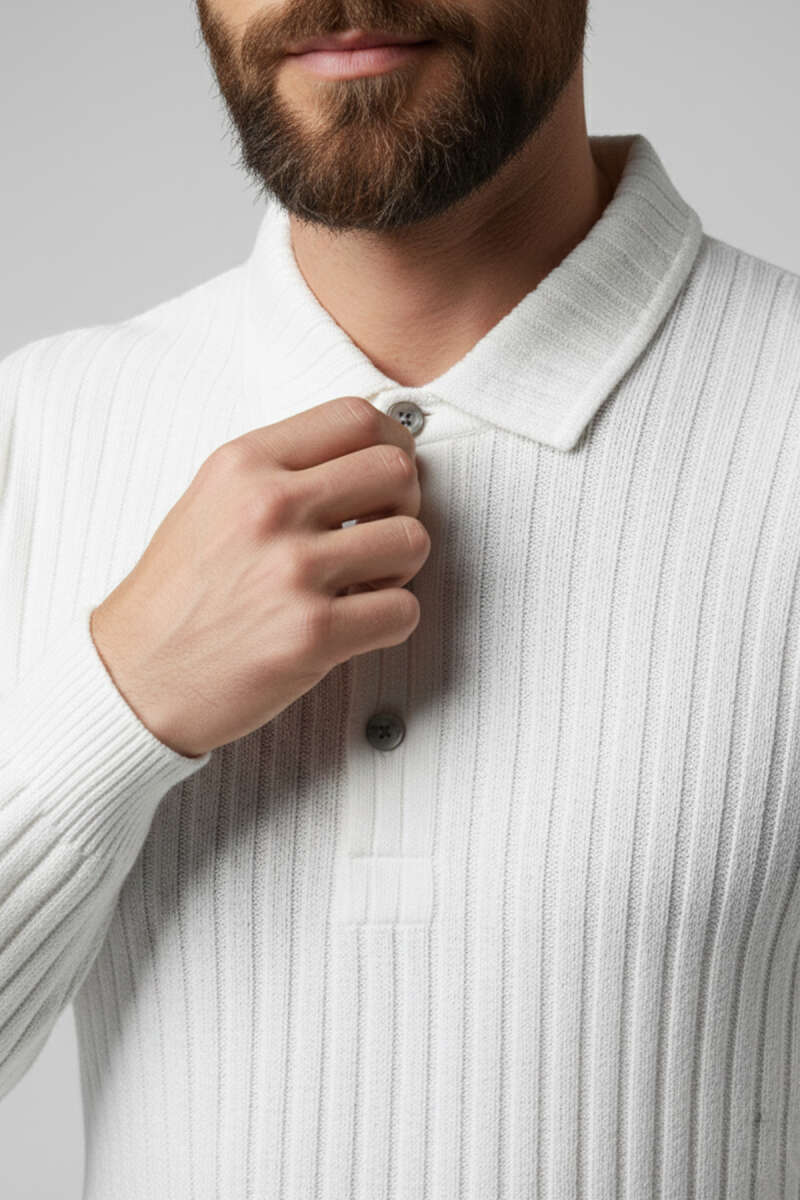 Polo Yaka Kabartma Çizgili Erkek Sweatshirt