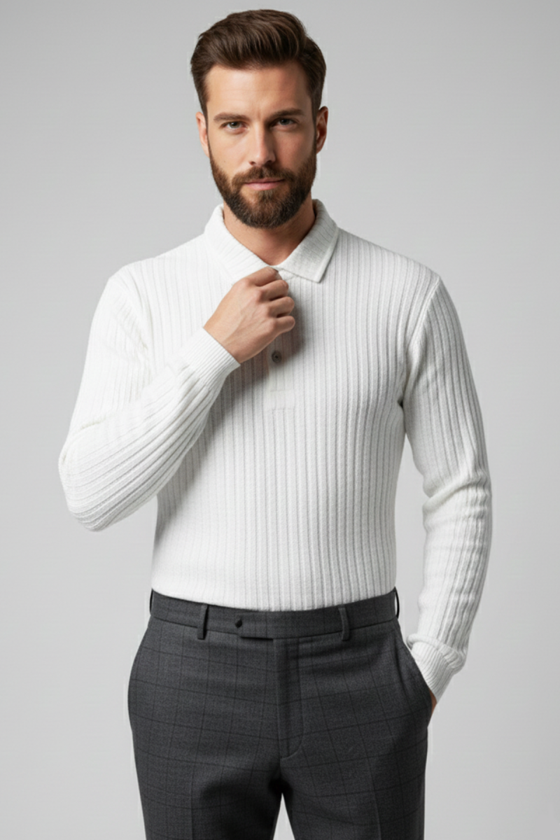 Polo Yaka Kabartma Çizgili Erkek Sweatshirt