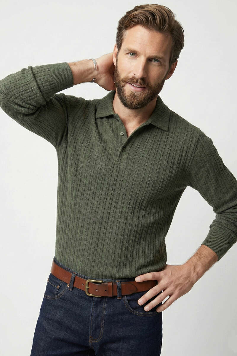 Polo Yaka Kabartma Çizgili Erkek Sweatshirt