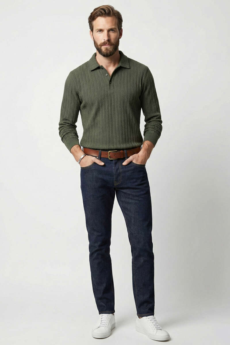 Polo Yaka Kabartma Çizgili Erkek Sweatshirt
