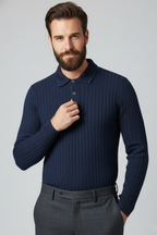 Polo Yaka Kabartma Çizgili Erkek Sweatshirt