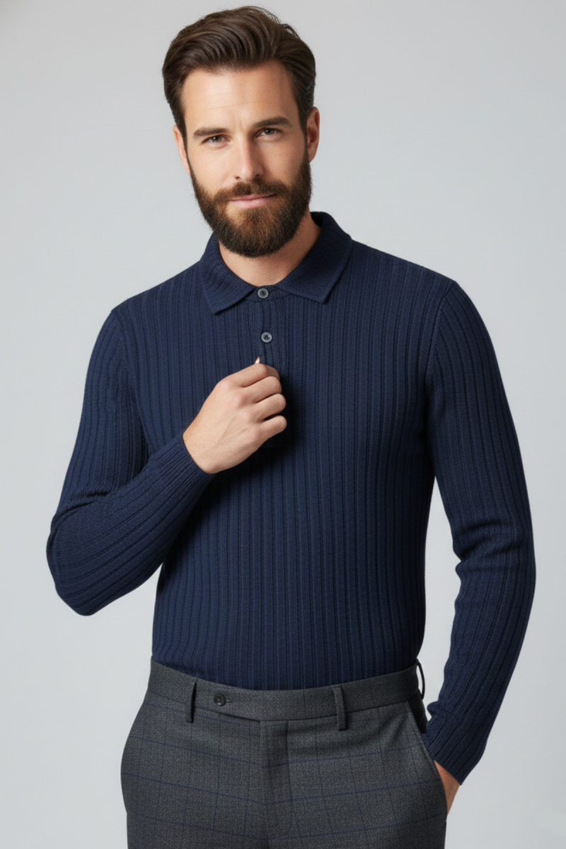 Polo Yaka Kabartma Çizgili Erkek Sweatshirt